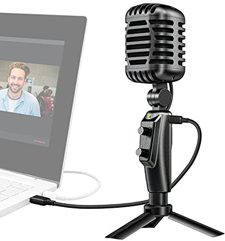 Moman Microfono a condensatore per PC USB da studio, microfono retrò 192 kHz/24 bit con treppiede da tavolo, cavo di tipo C, OTG per Mac laptop smartphone cellulare gaming podcasting YouTube EMR