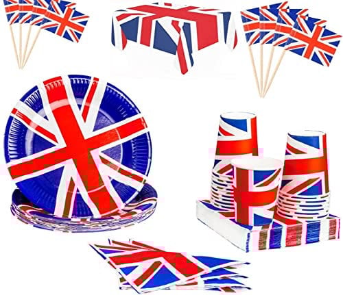 Union Jack Party Picnic Set 33 piece 8 Plates 8 Cups 8 napkins 8 Sandwich Flags & Plastic Picnic Sheet