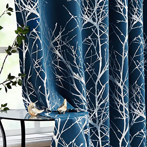Fmfunctex Navy Silver Blackout Curtains for Living Room 90 inch Drop Eyelet Curtains for Bedroom Tree Branch Foil Thermal Insulated Window Curtain Panels 2 Panels