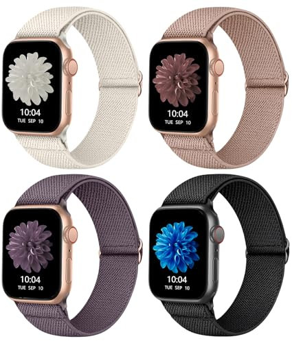 CCnutri Elastisches Nylon Loop Armband Kompatibel mit Apple Watch 38mm 40mm 41mm 42mm 44mm 45mm 46mm 49mm, Stoff Geflochten Sport Band Damen Herren für iWatch SE Serie 10 9 8 7 6 5 4 3 2 1, 4 Stück