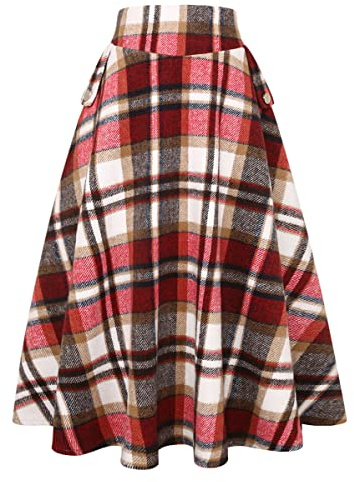 IDEALSANXUN Klassischer Rock für Frauen | Hohe Taille mit seitlichem Reißverschluss, voll gefüttert, zwei Längen (Wadenlang), verschiedene Karomuster