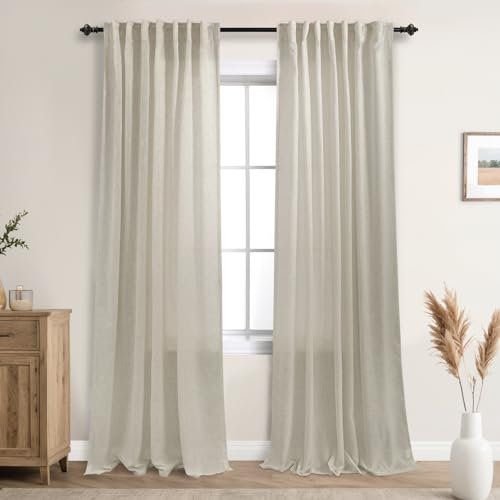 Mrs.Naturall Beige Vorhänge, 228 cm lang, 2 Paneele, Stoff auf der Rückseite, halbtransparente Leinen-Sichtschutzvorhänge, die Licht in 228 cm Länge lassen, für Wohnzimmer, Schlafzimmer, erdiger