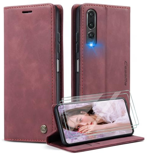 Caseme Funda para Huawei P20 Pro + 2X Protector Pantalla,Funda Movil Carcasa PU Cuero con Ranura para Tarjeta, Cierre Función de Soporte, Rojo