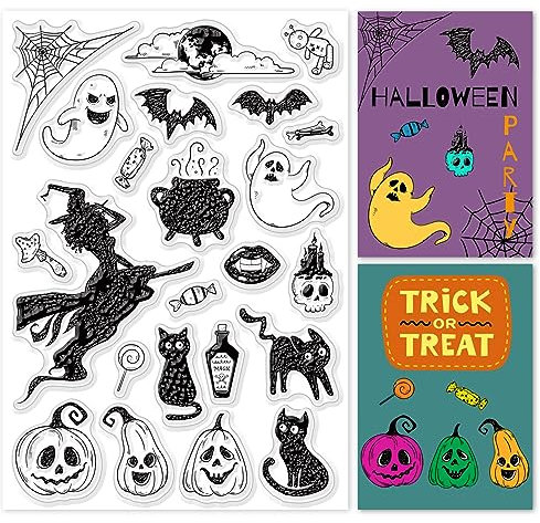 ORIGACH Halloween Klarer Stempel für Kartenherstellung Halloween Hexe Kürbis Geist Schädel Fledermaus Schwarze Katze Transparente Silikonstempel für DIY Scrapbooking Journaling Fotoalbum Dekorativ