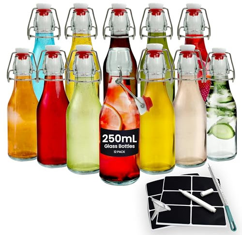 Volila Glass Bottles with Stoppers, Clear Swing Top Bottles for Homebrewing, Beverages, Kombucha, Wine, Vinegar and Oil (250ml - 12 Pack)