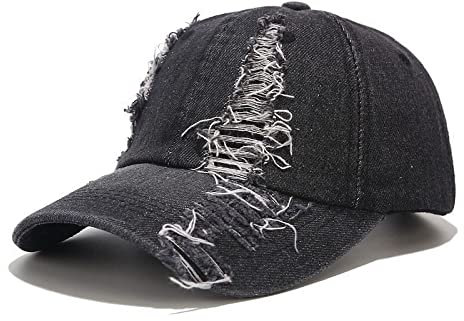 Basecap Herren Sommer Frauen Casual Gewaschene Baumwolle Ripped Baseball Cap Erwachsene Ausgestattet Hut Dad Cap Snapbacks Hut Gorros Hip Hop, Schwarz, 54-58 cm