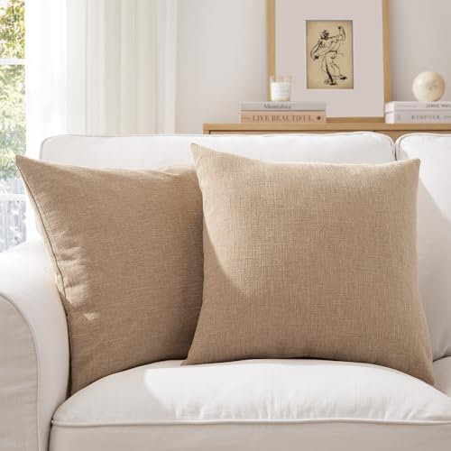 Meekio Set mit 2 hellbraunen Kissenbezügen, 45,7 x 45,7 cm, Bauernhaus-Boho, dekorative Wurfkissenbezüge, Leinenkissenbezüge für Sofa, Couch, Dekor
