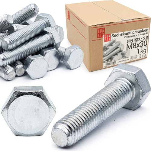 Viti a testa esagonale M8 x 30, 1 kg (circa 60 pezzi) DIN 933, filettatura completa FK 5.8, in acciaio zincato con testa esagonale, viti filettate a 6 punti, con filettatura fino alla testa, bullone