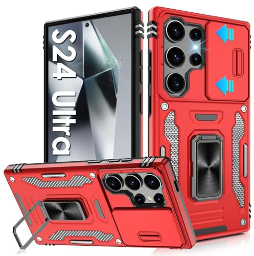 Jshru for Samsung S24 Ultra Case with Slide Camera Cover,S24 Ultra Shockproof Bumper Phone Case,Ring Kickstand Phone Cover for Samsung Galaxy S24 Ultra,Red