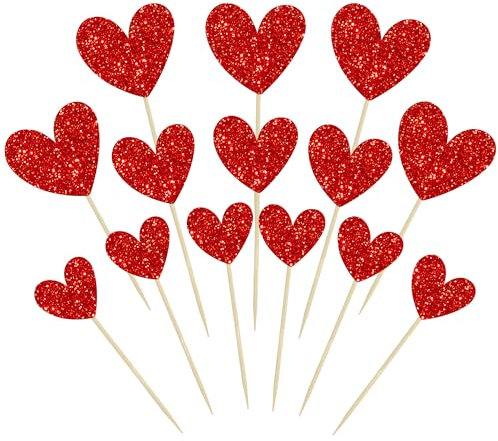 Ephlyn 24Pcs Red Heart Cupcake Toppers Glitter Love Heart Valentine Cupcake Picks for Valentine's Day Wedding Engagement Bridal Shower Birthday Party Cake Decorations Supplies
