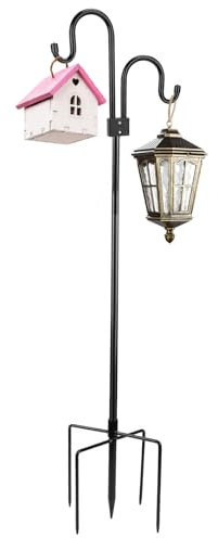 SWAWIS Schäferhaken 234CM Schäferstab Garten Hirtenstab Doppelhaken mit 5 Prong Base Laternenstab Metall Gartenstab Hirtenhaken Hirtenbogen für Vogelfutterspender, Pflanzenkörbe, Laternen