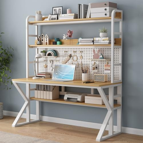 SORVA Bureau d'ordinateur avec Compartiments de Rangement et Panneau perforé, Bureau en Bois Massif, Grande Table d'étude, Bureau Moderne à Domicile (43 l x 69 H x 23,6 P, Marron et Blanc)