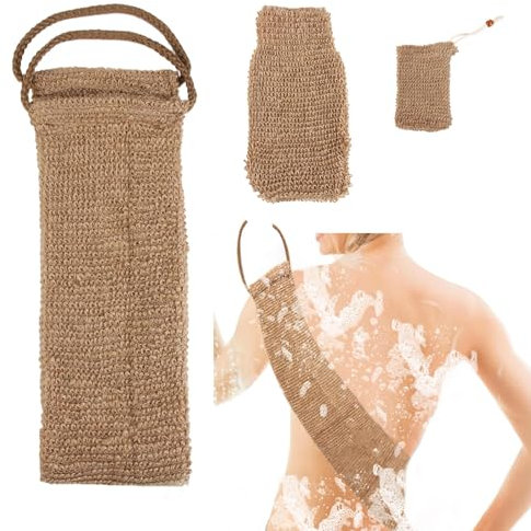 3 Pièces Sangle Lave Dos, JINSIHU Lanière Crin Gant Exfoliant Bande Dos Exfoliante Bande Dos Exfoliante en Chanvre Naturel + Gant Crin de Jute + Sac à Savon Jute pour Bains Corps Visage Femmes Hommes