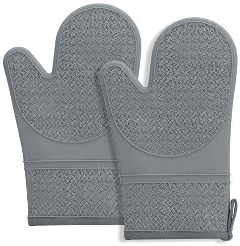 Hovico Silikon-Ofenhandschuhe, hitzebeständig, 29,5 cm, BPA-frei, weiche Backhandschuhe, rutschfeste Griff-Ofenhandschuhe mit weichem Baumwollfutter, für Küche, Kochen, Backen, Grillen, 2 Stück, Grau