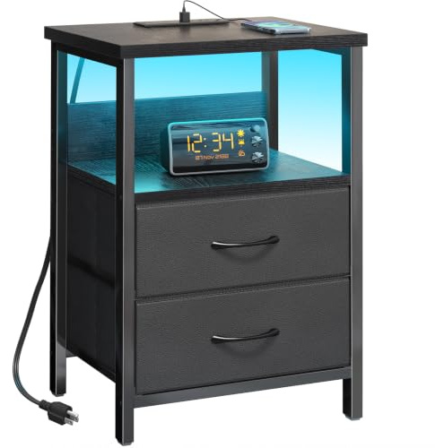 Fixwal Night Stand with Charging Station, LED Nightstand with U-S-B Ports and Outlets for Small Spaces, 2 Fabric Storage Drawers, Bedside Table End Tables Bedroom, Modern Black