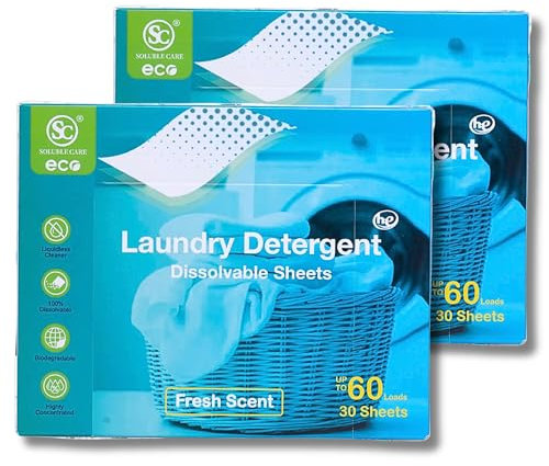 Laundry Detergent Sheets - Eco-Friendly, 60 Sheets, Up to 120 Machine or Hand Washes, Tearable for Precision Loads, Biodegradable, Compact, Hypoallergenic, Perfect for Travel, Camping, and Home Use