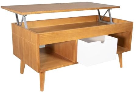 LoMasCasa - Mesa de Centro Elevable Modelo Karla 30 con Cajón Deslizante Central, Madera Maciza de Pino Natural en Color Cerezo y Blanco. Patas Cónicas. Medidas 100 x 50 x 47 cm
