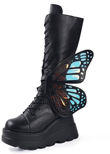 Gothniero Black Platform Chunky Rave Knee High Goth Boots for Women Cosplay Motorcycle Gothic Boots with Wings Deco Size 3UK-8UK