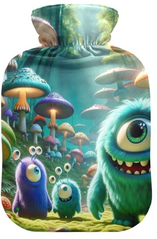 Cartoon Monsters Mushroom Forest Hot Water Bottle with Soft Cover Feet Warmer with Soft Cover Hot Water Bag for Neck and Shoulder Pain Relief, 2L