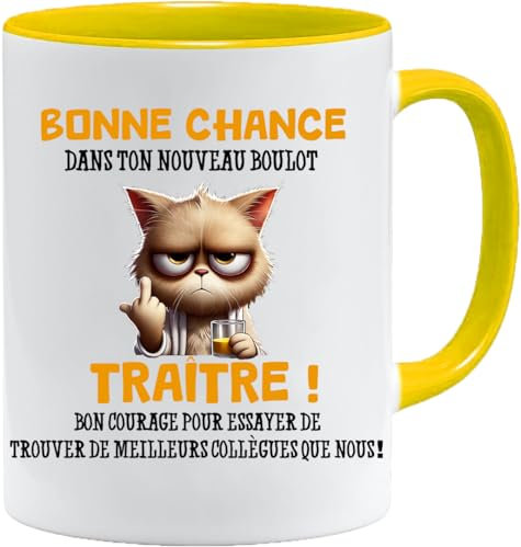 Mug collègue | Cadeau Drôle de Départ pour Collègue | Bonne Chance Traître! – Mug Humour Noir | Tasse Cadeau Départ Bureau | Compatible Lave-Vaisselle et Micro-Ondes (Or)
