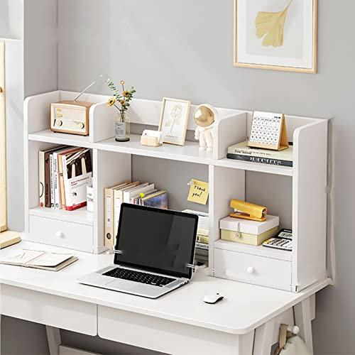 Schreibtischregal mit 3 Ebenen, Schreibtischregal, Bücherregal mit Schubladen für multifunktionale Aufbewahrung, ideal für Bücher, Zeitschriften und Bastelarbeiten, Weiß (Größe:120 x 60)
