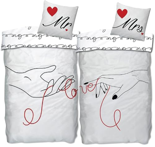 BERONAGE Mr & Mrs Partnerbettwäsche – 2 Bettwäsche-Sets – 135 x 200 cm + 80 x 80 cm – mit romantischem Motiv – Liebe, Paar, Hochzeitsgeschenk, Valentinstag – Reißverschluss, deutsche Größe