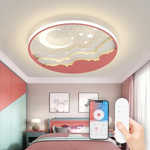 AHXIAOZN LED Kinder Deckenlampe, Stern Mond Deckenleuchte Mit Fernbedienung, Stufenloses Dimmbar Kinderzimmer Deckenleuchten, Schlafzimmer Decke Kindergarten Beleuchtung(D40cm, Rosa)