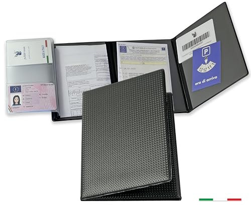Pubblimania Porte-documents Auto Moto, fermeture à 3 portes + porte-carte, Made in Italy. pour livret, carte, assurance, timbre ou documents de voyage (noir carbone)