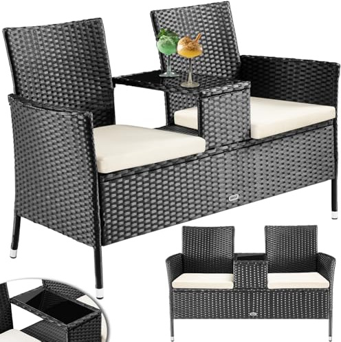 BAKAJI Gartenbank aus Polyrattan mit integriertem Tisch und Kissen, 2-Sitzer Bank für den Außenbereich, UV-beständig und wetterfest, Sofabank, Glasplatte, 123 x 54 x 82,5 cm (schwarz)