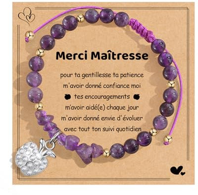 YELUWA Cadeau Maitresse d'école, Merci Cadeau Maitresse Bracelet Fin d'année, Cadeaux Professeur Retraite Cadeaux Femme, Maîtresse Bracelet Femme Pierre Naturelle Collègues Enseignant - D'améthyste