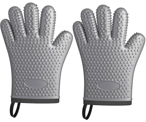 Lot de 2 gants de cuisine en silicone résistants à la chaleur à 450 degrés, imperméables et antidérapants avec doigts, gants de cuisine en silicone doublés de coton, gants de cuisine isolés, gants de