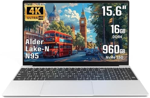 UDKED 15.6 Inch 4K UHD Laptop, Celeron N95(Up to 3.4GHz),16GB DDR4, Fingerprint Unlock, Backlit Keyboard, 180° Hinge, Lightweight Notebook for Study & Work (Silver, 16G+960G SSD)