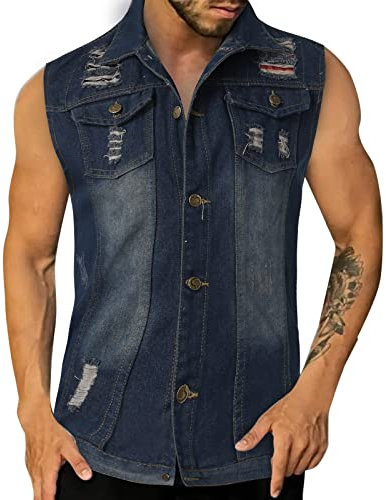 Gilet in Jeans da Uomo, Smanicato Jeans Uomo, Gilet in Denim di Moda Maschile Motociclista con Cerniera Maschile Jean Fertilizzante Plus Size Gilet Multitasche per Il Tempo Libero