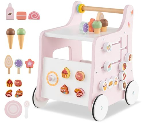 COSTWAY Lauflernwagen Holz, Lauflernhilfe mit Stauraum, Dessertladen auf Rädern mit Eiscreme, Schiebern, Labyrinth, Teller und Löffel, Montessori-Aktivitätszentrum für Kinder ab 1 Jahr (Rosa)