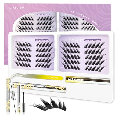 Cluster Lashes Kit - C Curl Individual Eyelashes Kit with Lash Bond Seal Remover Tweezers - LANKIZ Wispy Fluffy Parseltongue Eye Eyelash Clusters for Striking Evening Looks