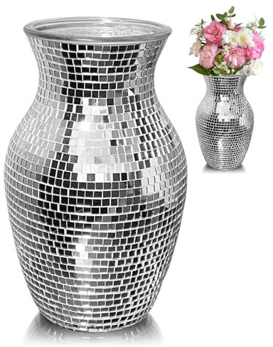 Mafagwre Large Disco Ball Planter, Silver Disco Ball Vase, Silver Mirror Disco Glitter Planter Pot, Mirror Disco Glitter Planter Pot, Silver Mirrors Glass Decor Vase For Table Centerpieces (A)