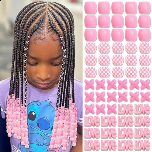 Shimmerz 60 Piece Pink Hair Beads for Kids Large Beads Dreadlock Accessories for Braids Various Shapes Ponytail Beads Loc Dreadlock Jewellery