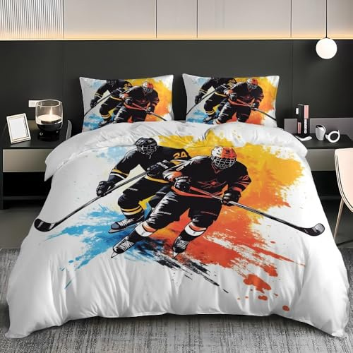 Hockey-Sport-Kritzeleien Bettwäsche Set 135x200 cm 3 Teilig, Weich Mikrofaser Bunt Bettbezug und 2 Kissenbezüge 80x80, Kein Bügeln und Verblasst Nicht Bettbezüge Set Für Familien, Kinder
