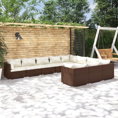 Teenpull 10-TLG. Garten-Lounge-Set, Poly Rattan Braun mit Cremefarbenen Kissen, Modulares Outdoor-Möbel für Terrasse, Balkon & Pool