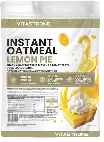VITASTRONG Farina d'Avena Instantanea - Gusto LEMON PIE (1kg) | 14g Proteine & Alto Contenuto di Fibre | Basso Contenuto di Zuccheri e Sale