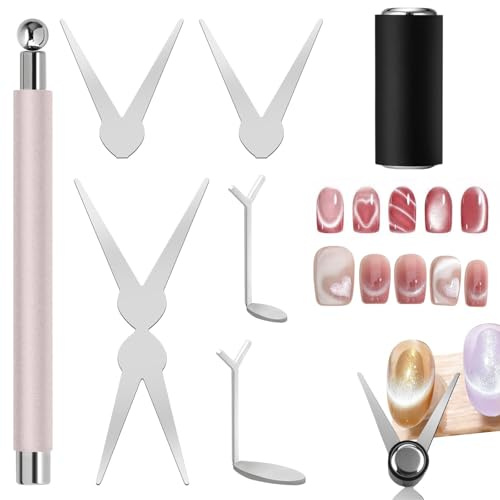 8-teiliges französisches Katzenaugen-Magnetset, 3-in-1-Nagelkunst-Magnetset mit Schere und Zylindermagneten zur Herstellung von Glasperlen, breiten und geschwungenen Katzenaugen-Gel-Nagellack