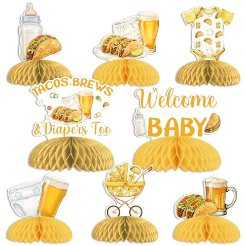 Funmemoir Tacos Brews and Diapers Baby Shower Decorations - 8 Piece Double Sided Honeycomb Centerpieces with Clips for Table Decor Tacos Brews & Diapers Too Theme Welcome Baby Celebration