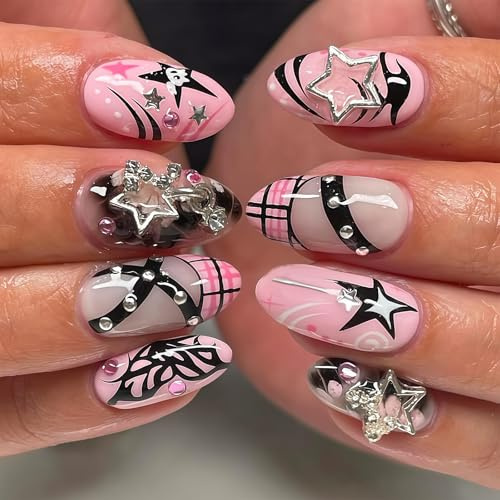 Cosblisvia Press On Nails 24 Stück Nägel zum Aufkleben Mandelform Pink Y2K 3D Strass Fake Nägel für Frauen Mädchen Party Alltag Dating Haltbare Press On Nails Kurz Stil
