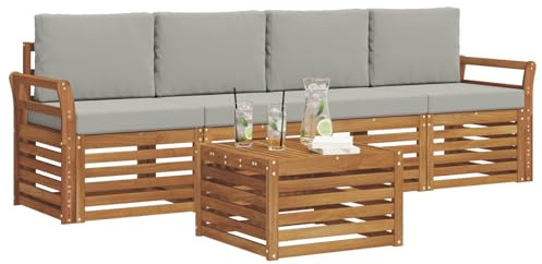 vidaXL Sofagarnituren 5 pcs Natürlich und Hellgrau Massivholz Akazie, Moderne, langlebige Garten-Sofagarnitur, sectionale Möbel für Patio, Terrasse, entspannte Sitzgelegenheit