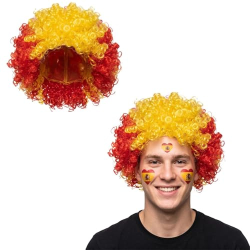 Spanien Fanartikel Set für Fussball : Afro Fan-Perücke in Rot-Gelb & Sticker mit Flaggen-Motiven - Ideales Spanien Deko Zubehör für Public Viewing, Stadion und Fan-Partys