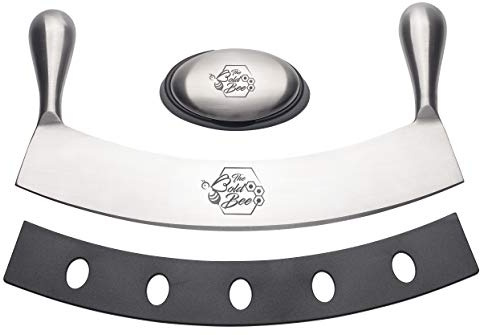 The Bold Bee's Most Popular 12 Mezzaluna Knife & Cover + FREE Stainless Steel Soap Odor Remover Neutralizer | Pizza Cutter | Fruit, Vegetable & Salad Chopper & Dicer | Herb Mincer