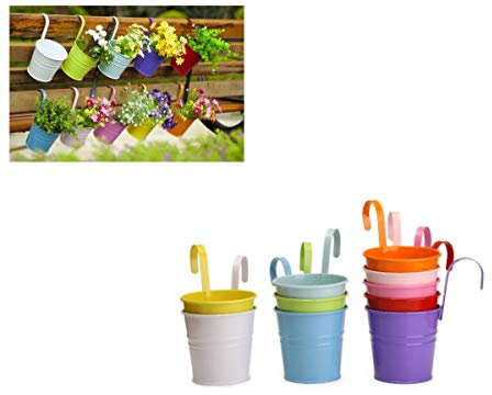 Dipamkar Set of 10 Metal Hanging Plant/Flower Pots Planters With Drainage Hole For Balcony Fence
