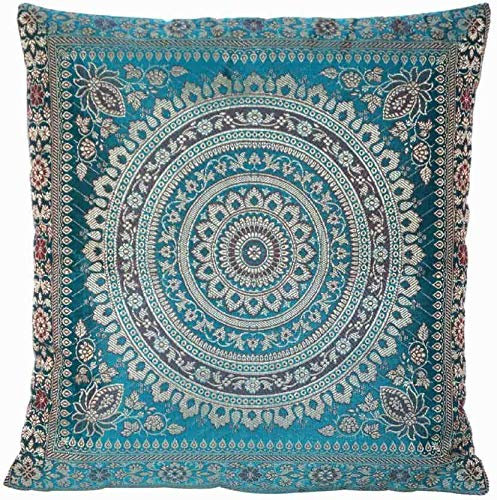 Ruwado Türkis Seide Kissenbezug | Zierkissenbezug | Sofakissenbezug | Dekokissen | Zierkissen aus Indien - 40 x 40 cm *Handgewebt und handgenäht von Kunsthandwerkern aus Kaschmir-Indien
