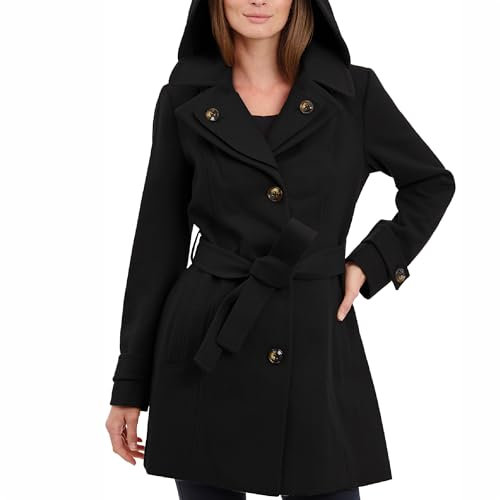 LONDON FOG Damen Doppeltem Revers, Oberschenkellänge, Knopfleiste Vorne, mit Gürtel Wollmantel, schwarz, Small