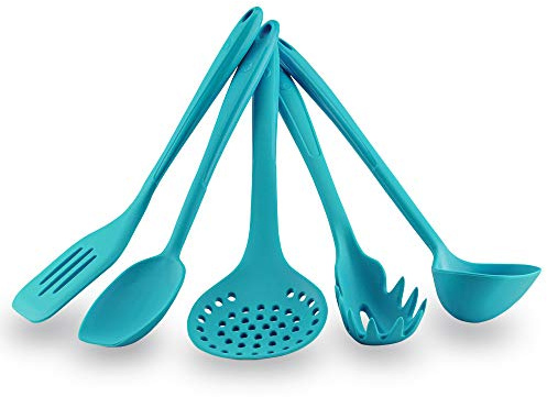 Kochblume Starter-Set - Flexwender & Soßenlöffel L & Schaumlöffel & Pastalöffel & Schöpfkelle L 5er Set | Premium-Silikon & BPA frei| Hitzbeständig | Spülmaschinenfest | Farbe: türkis